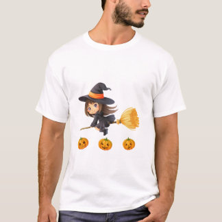 Cute Little Witch Flying on Broom Happy Halloween T-Shirt