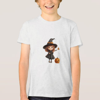 Cute Little Witch Flying on Broom Happy Halloween Tri-Blend Shirt