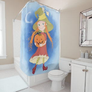 Cute Little Witch Girl and Pumpkin Shower Curtain