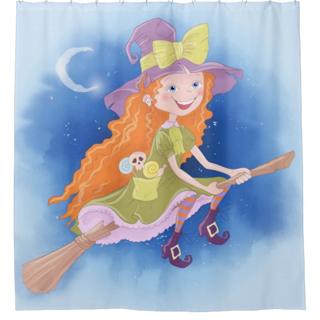 Cute Little Witch Girl Flying On A Broom Shower Curtain (Front)