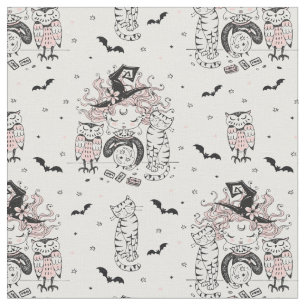 Cute Little Witch Girls With Bats Cats and Owls Fabric