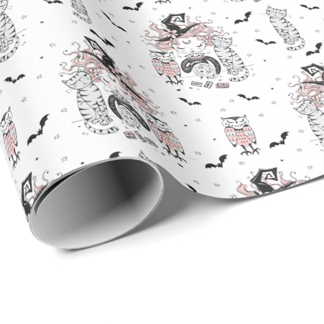 Cute Little Witch Girls With Bats Cats and Owls Wrapping Paper (Roll Corner)