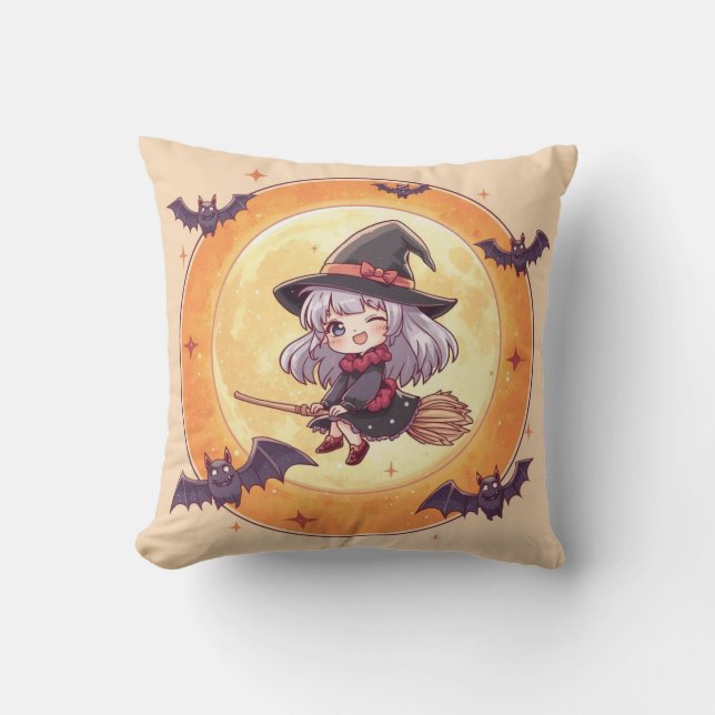 Cute Little Witch Halloween Pillow (Front)