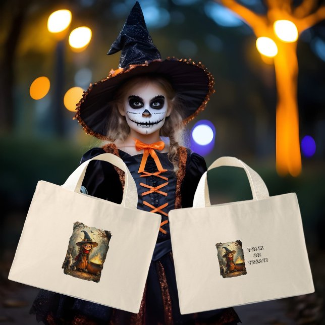 Cute little witch in forest with witch's cauldron mini tote bag (Creator Uploaded)