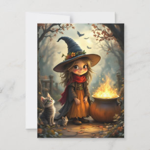 Cute little witch in forest with witch's cauldron postcard