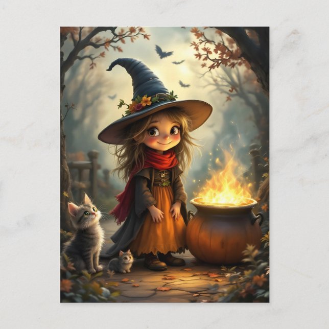 Cute little witch in forest with witch's cauldron postcard (Front)