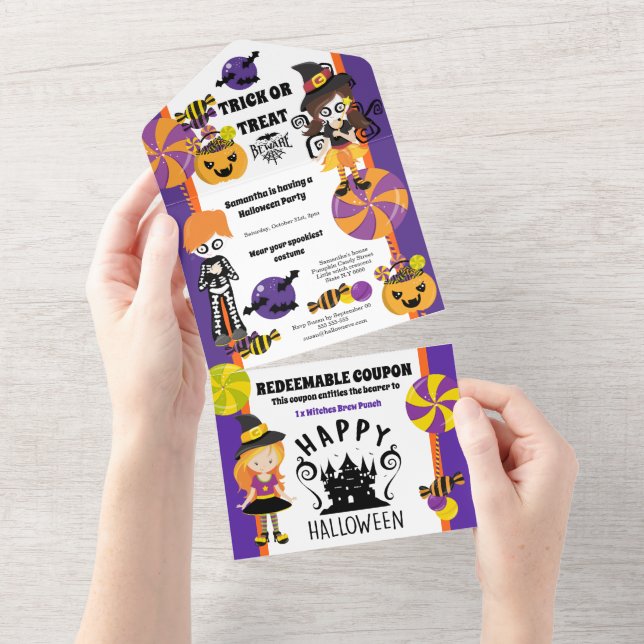Cute little witch kids halloween coupon party all in one invitation (Tearaway)