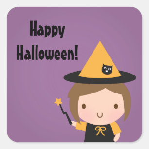Cute Little Witch Kids Halloween Party Favours Square Sticker