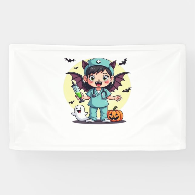 Cute little witch nurse Halloween Premium T-Shirt Banner (Horizontal)