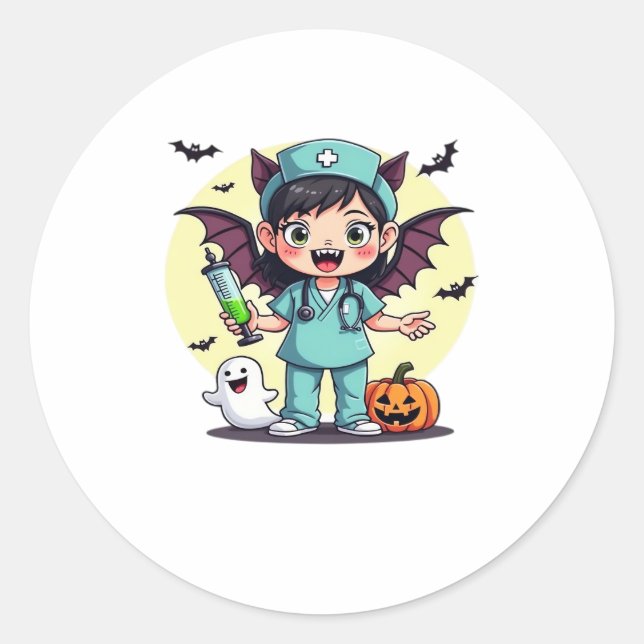 Cute little witch nurse Halloween Premium T-Shirt Classic Round Sticker (Front)