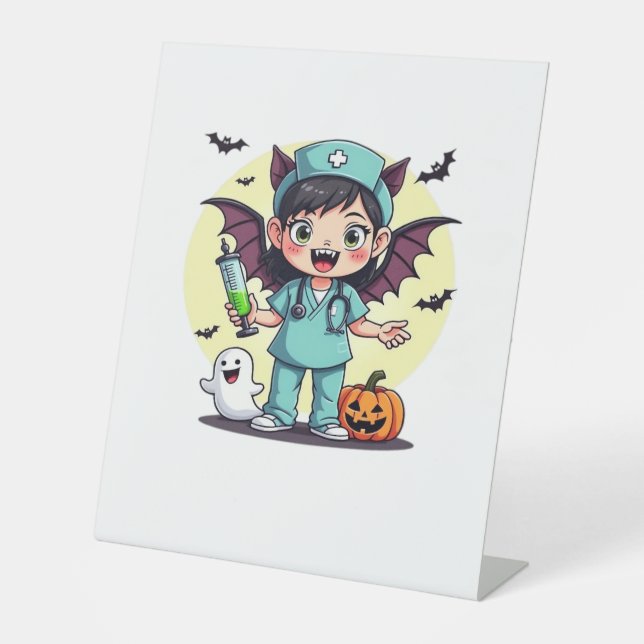 Cute little witch nurse Halloween Premium T-Shirt Pedestal Sign (Front)