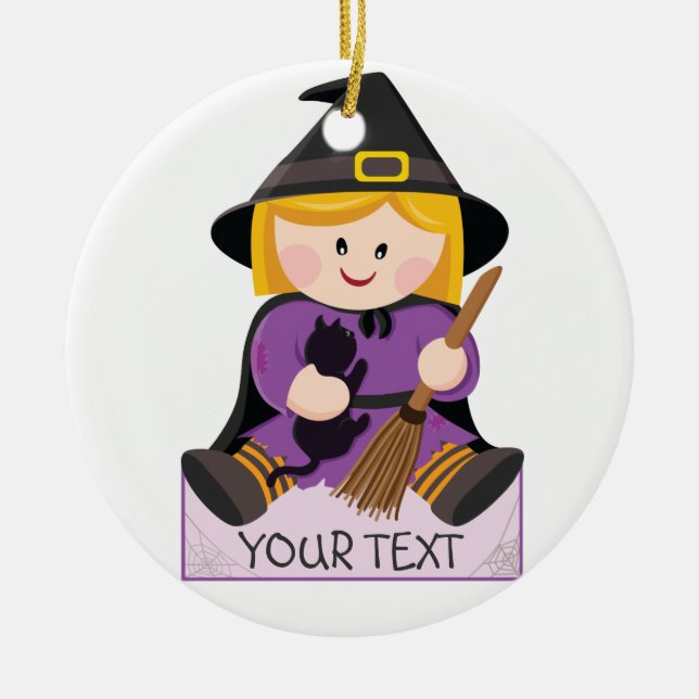 Cute little witch with blonde hair ceramic tree decoration (Front)