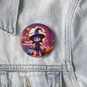 Cute little witch with cats and pumpkins, custom  6 cm round badge