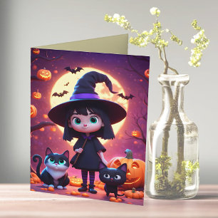 Cute little witch with cats and pumpkins, custom card