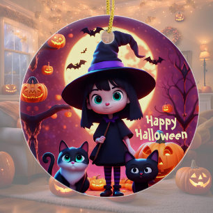 Cute little witch with cats and pumpkins, custom  ceramic tree decoration