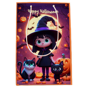 Cute little witch with cats and pumpkins, custom medium gift bag