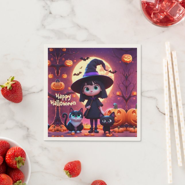 Cute little witch with cats and pumpkins, custom  napkin (Insitu)