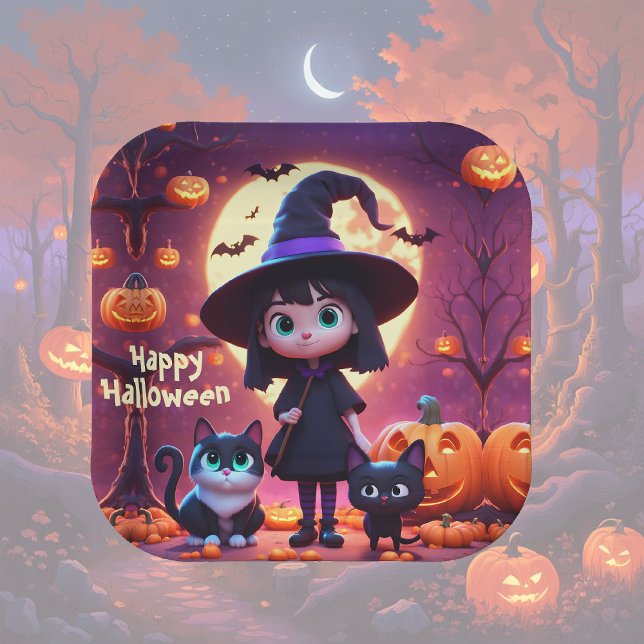 Cute little witch with cats and pumpkins, custom  paper plate (Creator Uploaded)