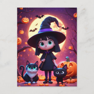 Cute little witch with cats and pumpkins, custom  postcard