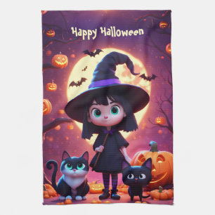 Cute little witch with cats and pumpkins, custom tea towel