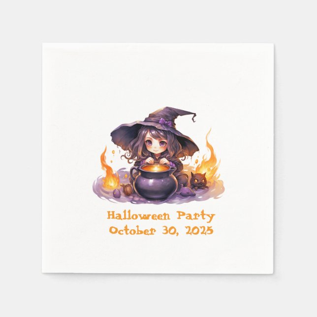 Cute Little Witch with Cauldron and Flames Napkin (Front)