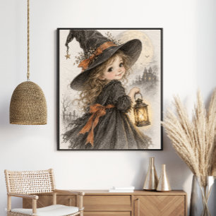 Cute Little Witch with Lantern Poster