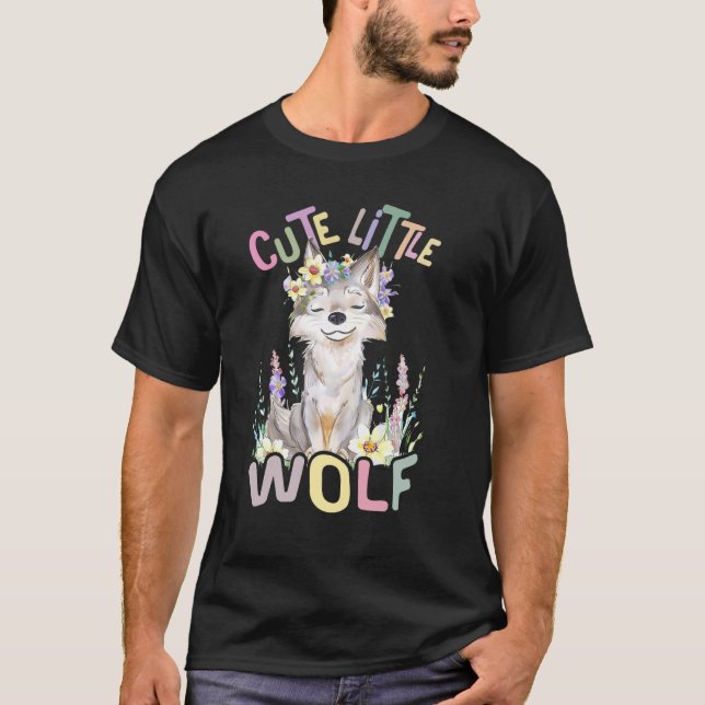 cute little wolf with flowers cute wolves animal m T-Shirt (Front)