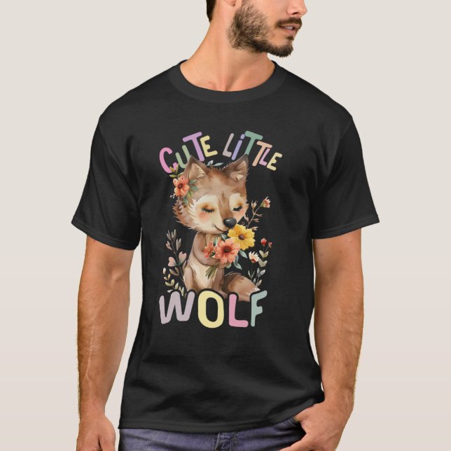 cute little wolf with flowers cute wolves animal m T-Shirt (Front)
