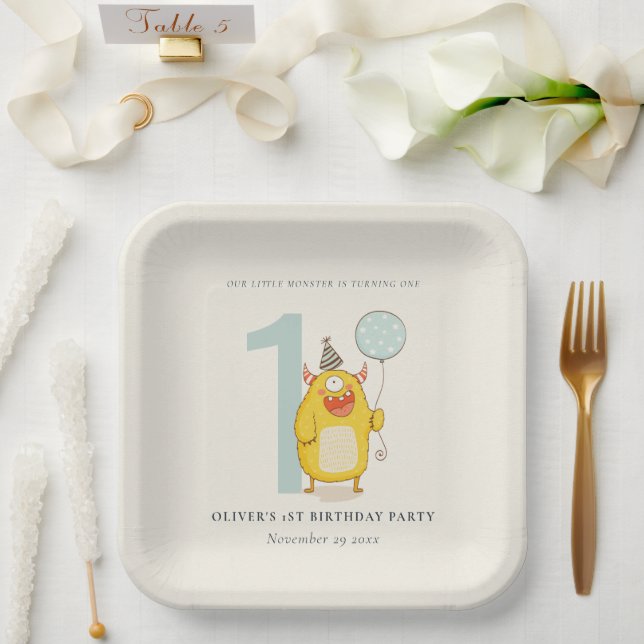 Cute Little Yellow Aqua Monster Any Age Birthday Paper Plate (Wedding)