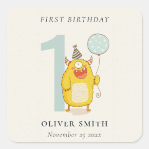 Cute Little Yellow Aqua Monster Any Age Birthday Square Sticker