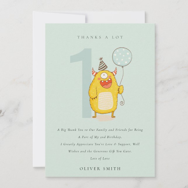 Cute Little Yellow Aqua Monster Any Age Birthday Thank You Card (Front)