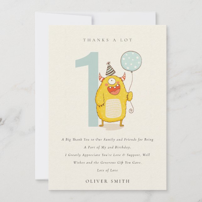 Cute Little Yellow Aqua Monster Any Age Birthday Thank You Card (Front)