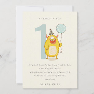 Cute Little Yellow Aqua Monster Any Age Birthday Thank You Card