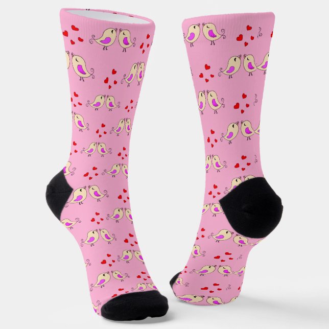 Cute Little Yellow Birds & Hearts on Light Pink Socks (Angled)