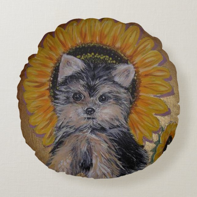 Cute Little Yorkie and Sunflowers Round Cushion (Front)