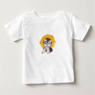 Cute little Yorkshire puppy dog & sunflower art Baby T-Shirt