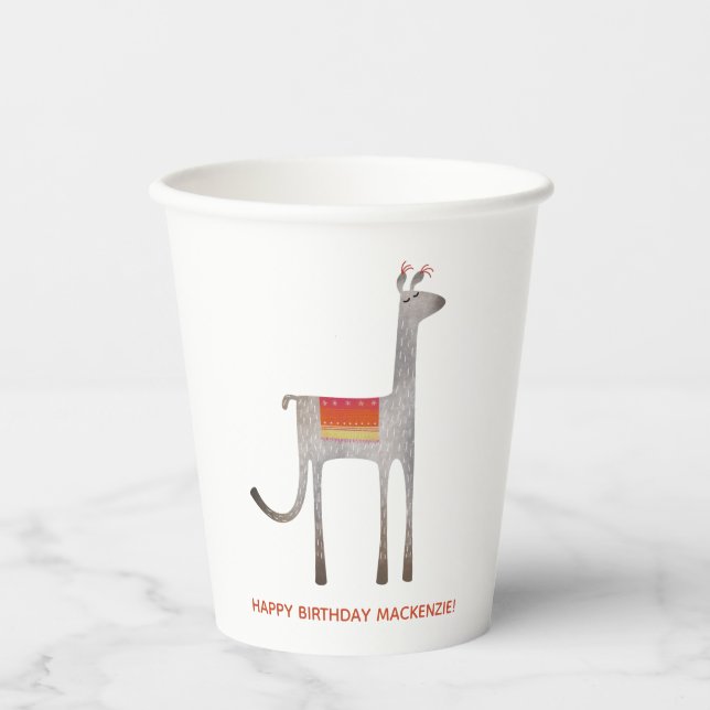 Cute Llama Alpaca Custom Name Birthday Party Paper Cups (Front)