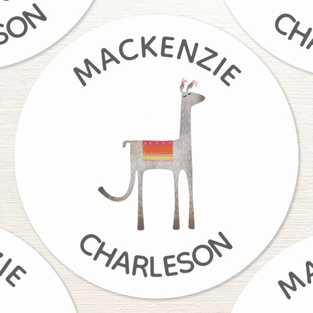 Cute Llama Alpaca Custom Name Classic Round Sticker (Fun quirky llama alpaca animal lover personalized custom name text sticker)