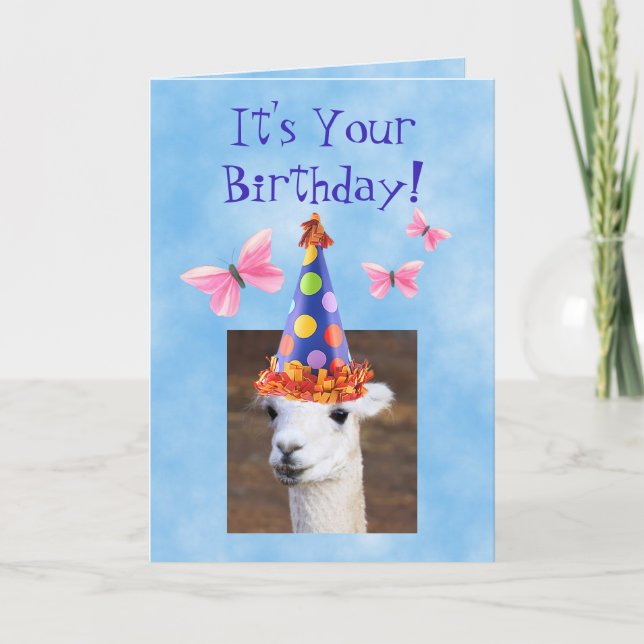 Cute Llama and Butterflies Birthday Card (Front)