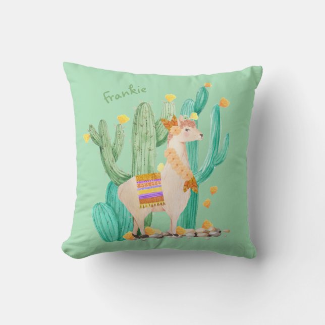 Cute Llama and Cactus - Mint Green Personalised Cushion (Front)