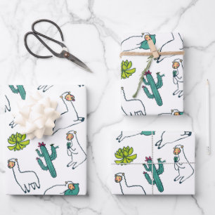 Cute Llama and Cactus Pattern Wrapping Paper Sheet