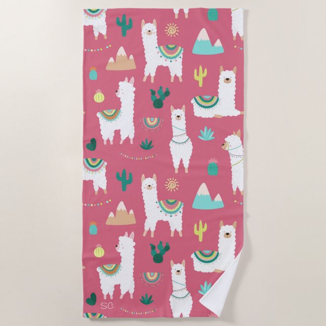 Cute Llama and Cactus Pink Pattern Monogram Beach Towel (Front)