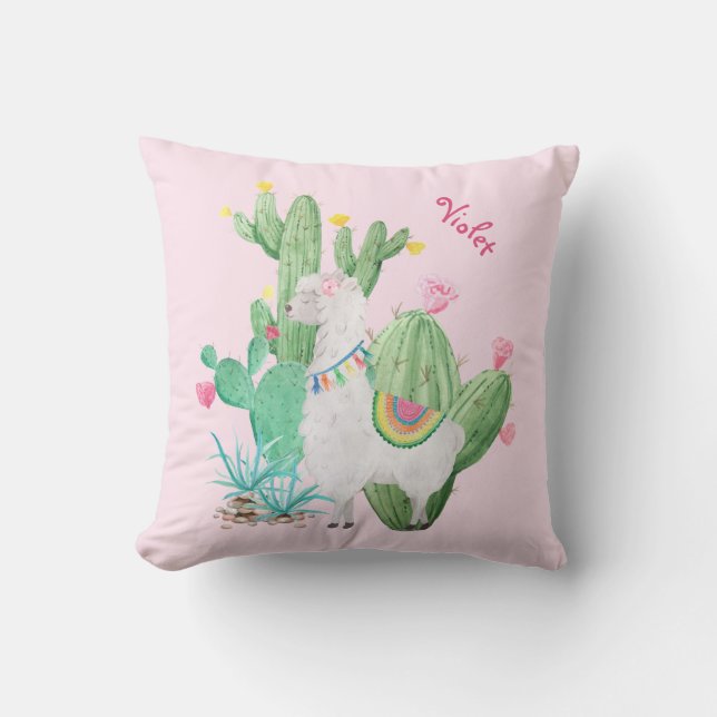 Cute Llama and Cactus Scene - Personalised Pink Cushion (Front)