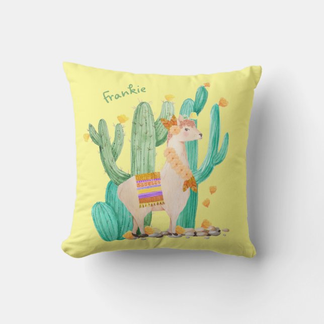 Cute Llama and Cactus Scene - Yellow Personalised Cushion (Front)