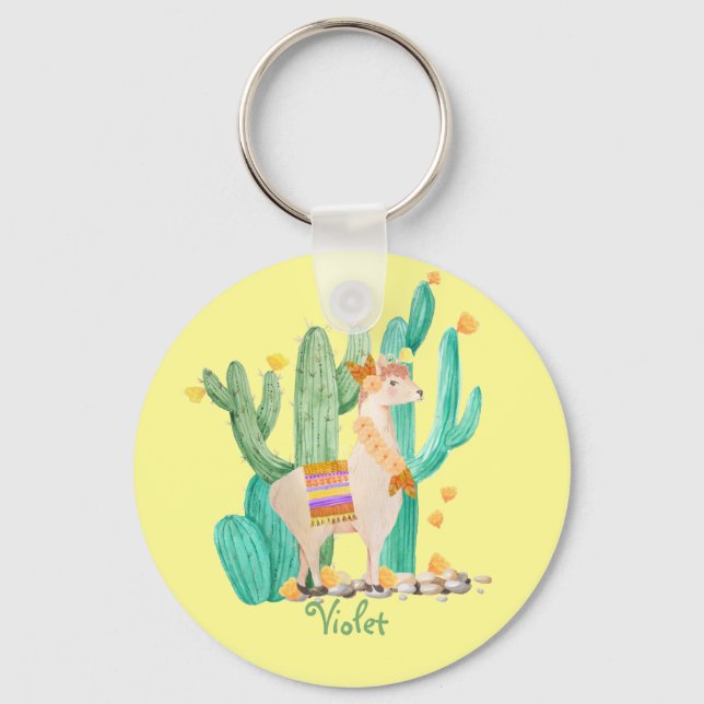 Cute Llama and Cactus with Flowers - Yellow Key Ring (Front)