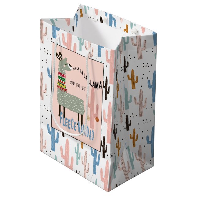 Cute Llama and Pastel Saguaro Cactus Pattern Medium Gift Bag (Front Angled)