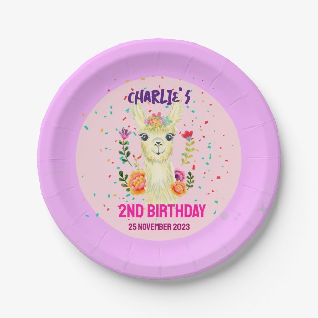 Cute Llama Animal Birthday Party Colourful Mexican Paper Plate (Front)