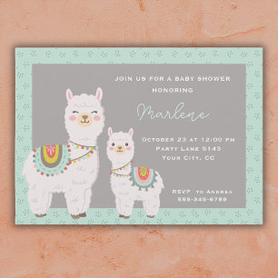 Cute llama aqua and grey baby shower invitation