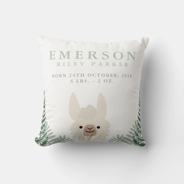 Cute Llama Birth Announcement Stats Nursery Pillow (Front)