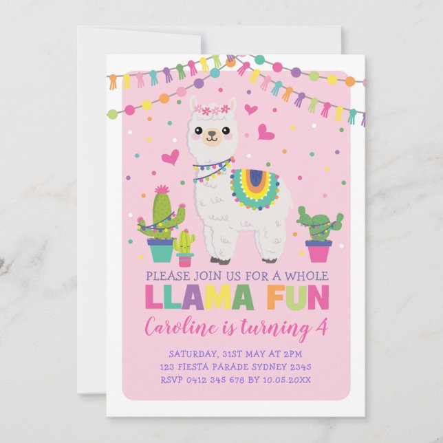 Cute Llama Birthday Party Girly Fiesta Alpaca Invitation (Front)
